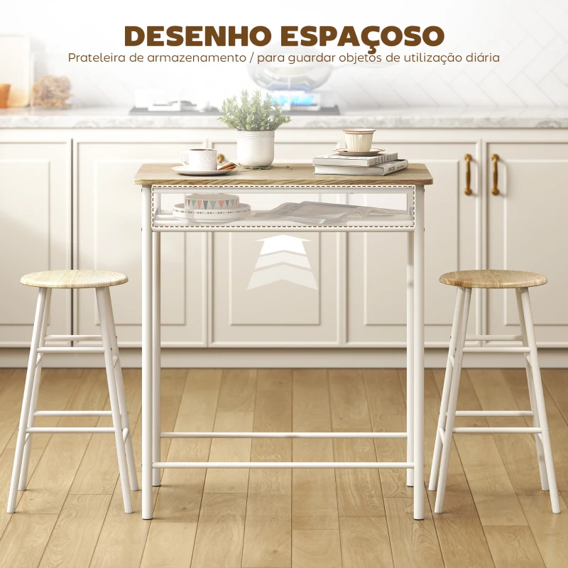 HOMCOM Conjunto de Móvel Bar com Mesa Alta e 2 Bancos com Prateleira de Armazenamento e Estrutura de Metal 80x50x90cm Branco e Madeira
