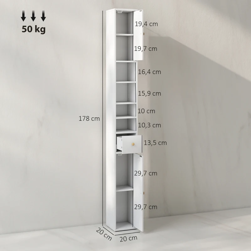HOMCOM Badkamerkast, Hoog en Slank, Met Open en Gesloten Vakken, Wit