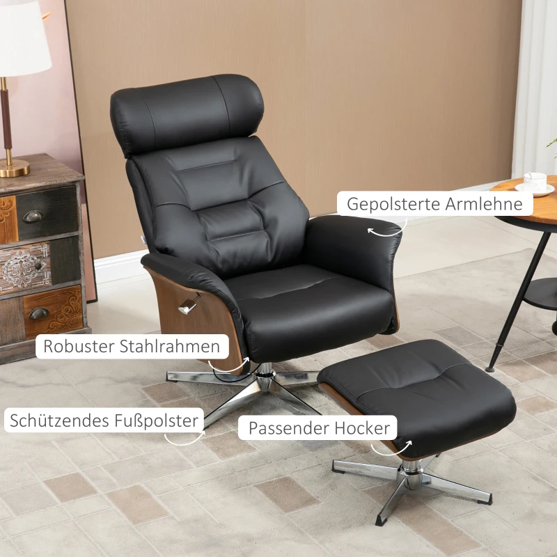 HOMCOM Fauteuil met voetenbank, 360° draaibaar, ligfunctie, leesstoel, zwart, 80 x 84 x 108 cm(m-8)