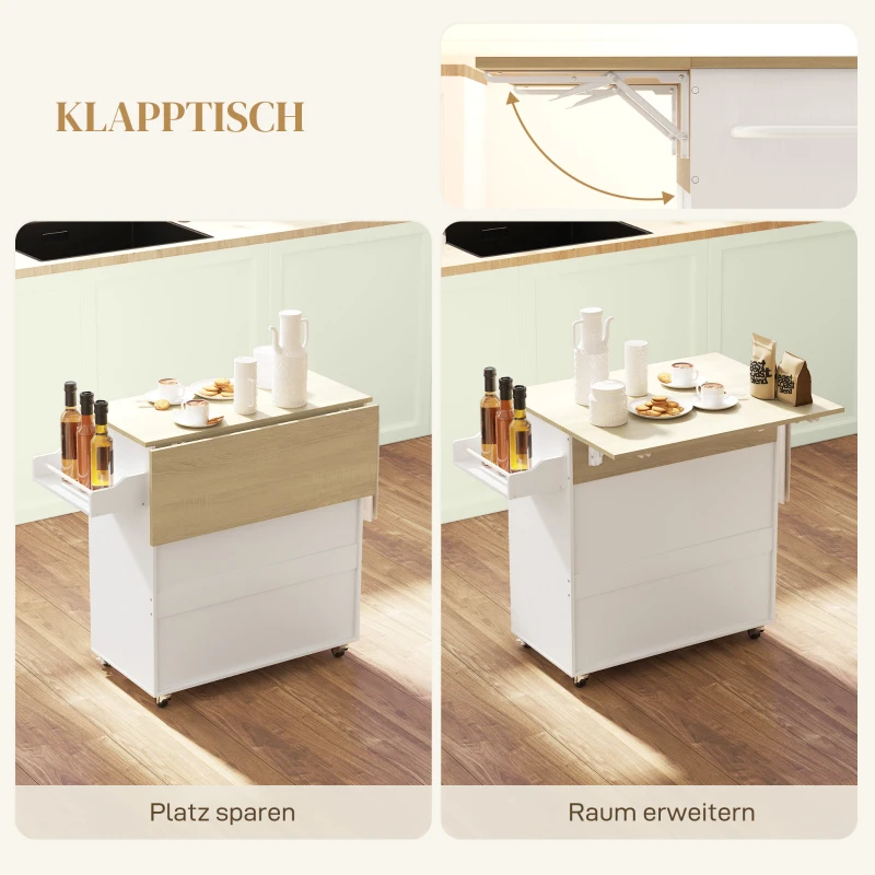 HOMCOM Keukenwagen met lade, kastvak, handdoekhouder, 106 x 42 x 87 cm, Wit/Eiken