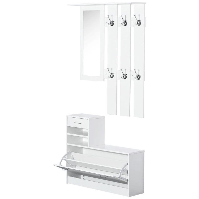HOMCOM Ensembles 3 en 1 de meuble d'entrée vestiaire avec panneau porte-manteau, miroir et banc à chaussures - 6 crochets et étagère réglable, blanc