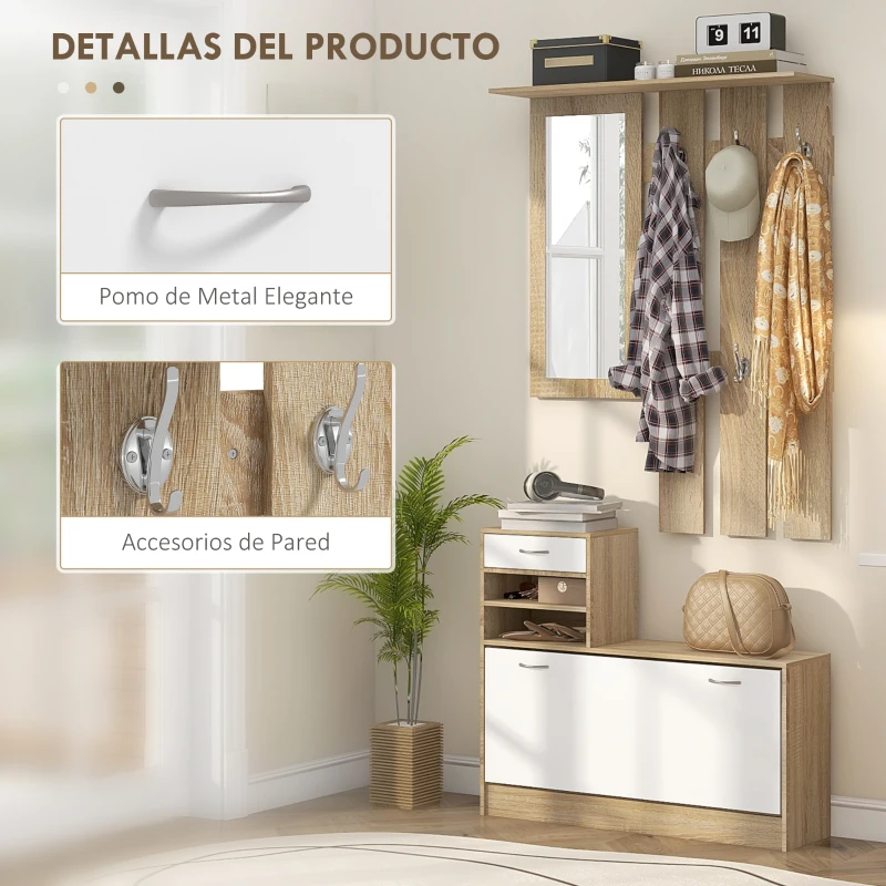 HOMCOM Recibidor de Entrada con Espejo Perchero y Zapatero Mueble de Recibidor de 2 Piezas con Ganchos Estantes Cajón Natural