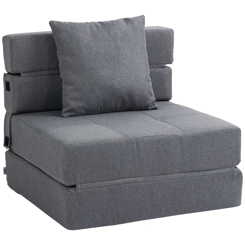 HOMCOM Convertible Chair Bed, Floor Sofa Bed Recliner, Fabric Upholstered Sleeper Lounge Futon with Pillow for Living Room, Dark Grey