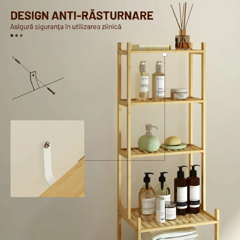 HOMCOM Raft Mobil pentru Baie cu 7 Polițe, Depozitare și Organizare, Dulap din Bambus, 44x33x180 cm, Culoare Lemn