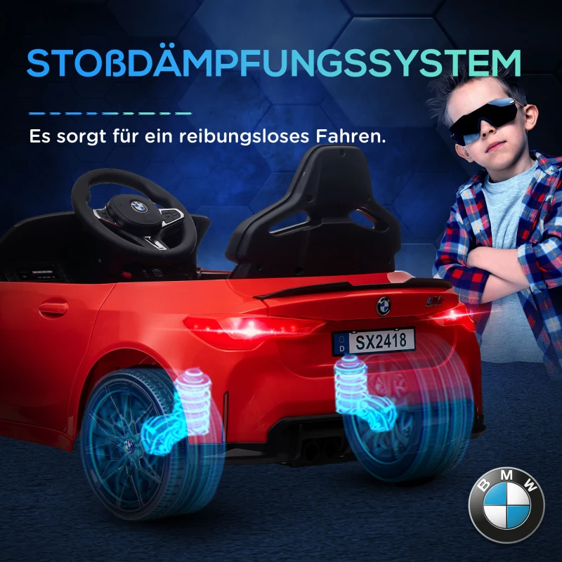 AIYAPLAY Elektrische Kinderauto 12V met afstandsbediening, 2 motoren, kinderauto met claxon, LED-verlichting, muziek, zachte start, extra steunwielen, voor kinderen van 3-5 jaar, rood(m-6)