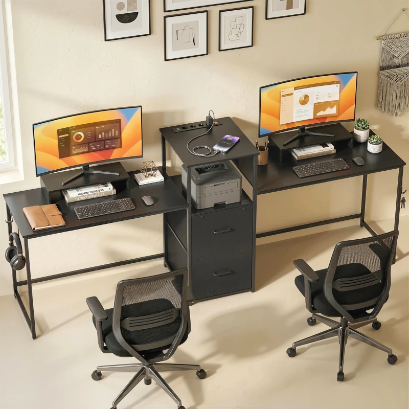 HOMCOM Mesa Gaming Dupla de 244 cm com Estação de Carga Portos USB Suportes para Monitor Gavetas de Tecido Preto