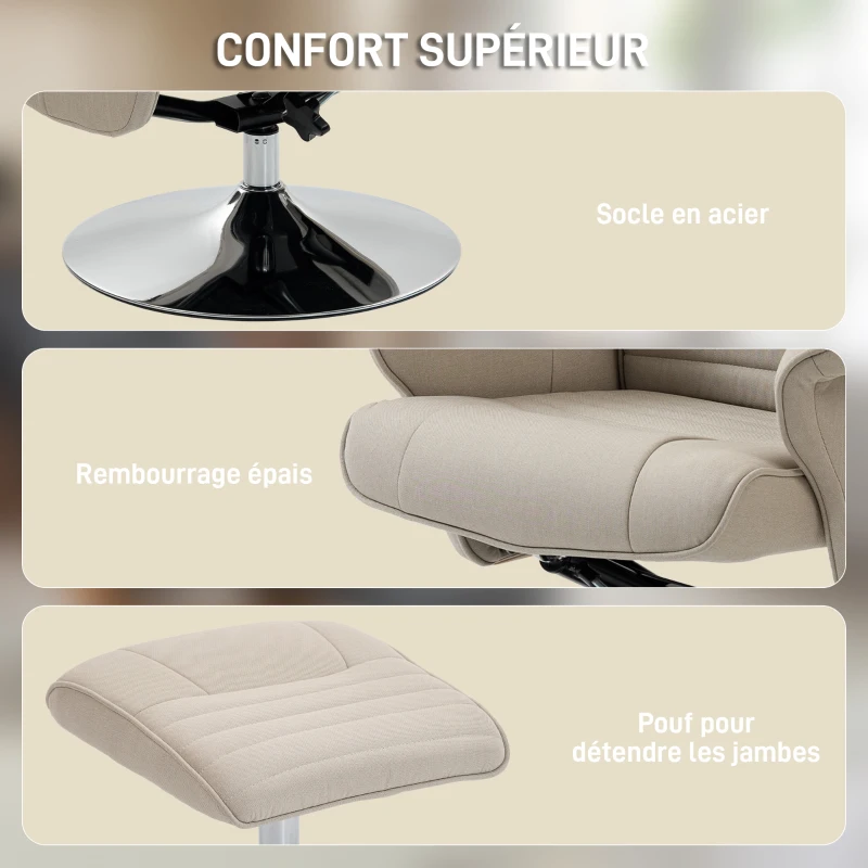 HOMCOM Fauteuil relax inclinable 135° pivotant 360° avec repose-pieds revêtement tissu beige