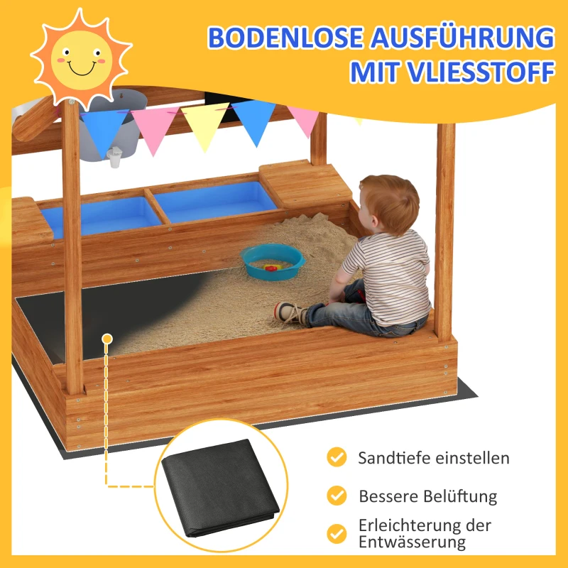 Outsunny Zandbak met zonbescherming, speelhuisdesign, met speelgoedset, behandeld massief hout, 124 x 116 x 146 cm, groen