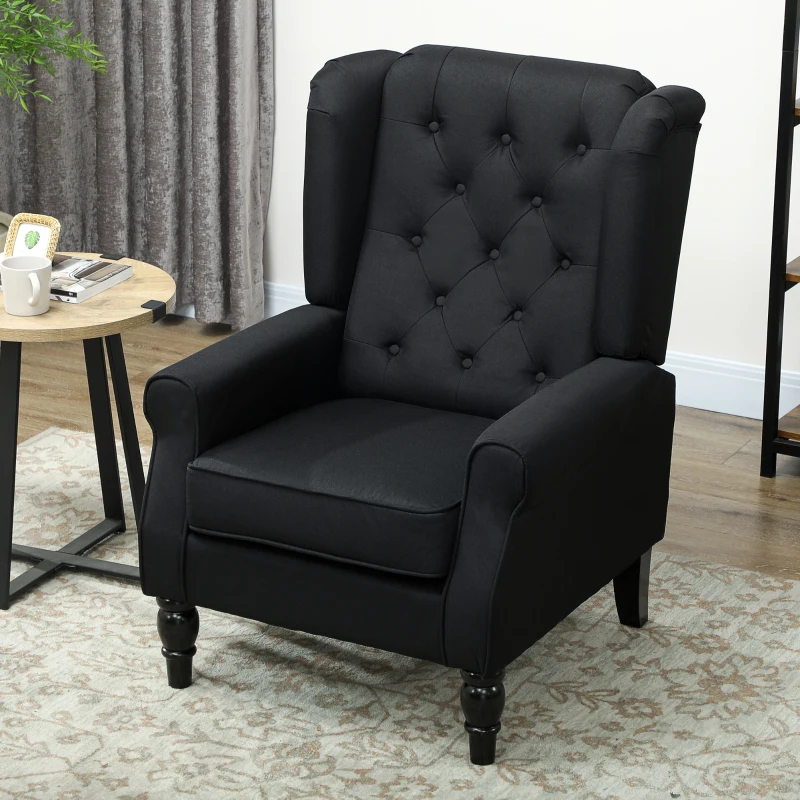 HOMCOM Wingback Accent Chair, Faux Linen Armchair with Thick Spring Cushion, High Back, Solid Wood Legs, Retro Button Tufted Reading Chair for Living Room, Bedroom, Black