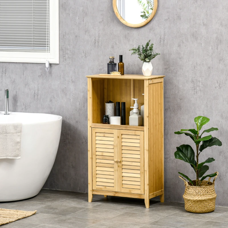 HOMCOM Armário Auxiliar Casa de Banho de Bambu com 2 Portas Compartimento Aberto e Prateleira Ajustável 50x25,5x92 cm Madeira