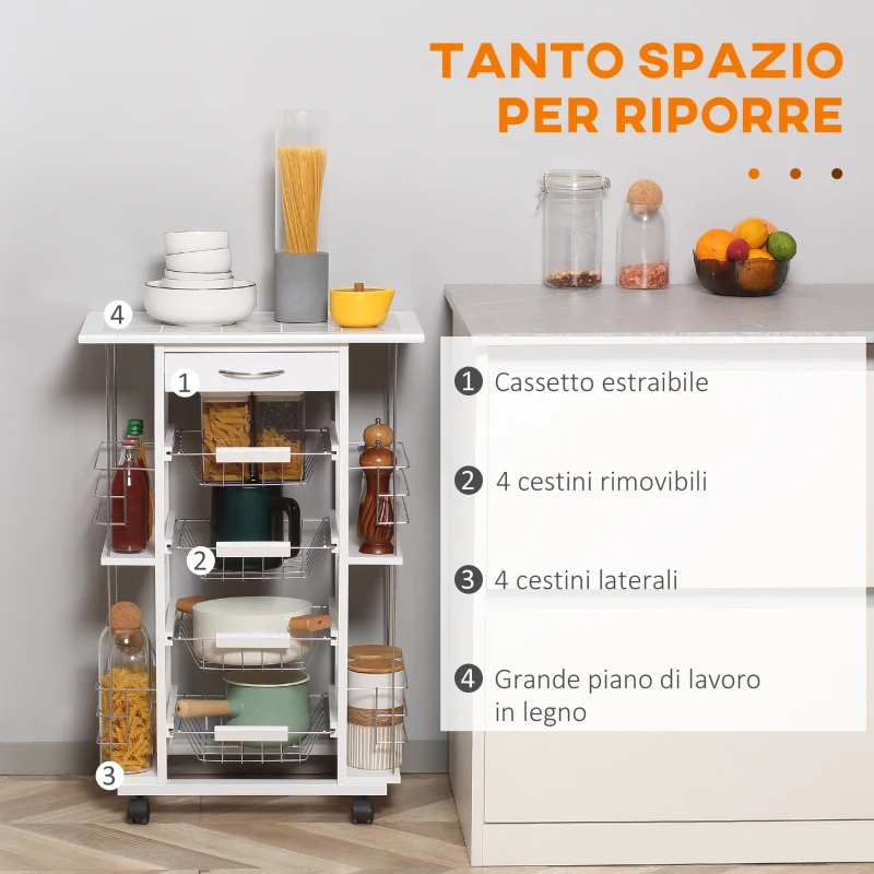 HOMCOM Carrello da Cucina con Cassetto, 4 Cesti e 4 Ripiani, in Metallo, Ceramica e Legno, 57x37x83 cm, Bianco
