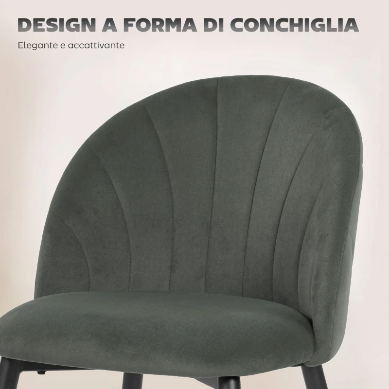 HOMCOM Set 2 Sedie da Pranzo Imbottite con Schienale a Conchiglia in Velluto, 52x55x79 cm, Grigio