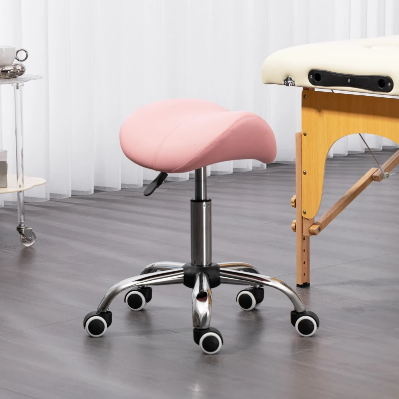 HOMCOM Tabouret à roulettes, chaise de travail avec hauteur réglable 49-61 cm et selle ergonomique, 52x53x49-61cm, rose