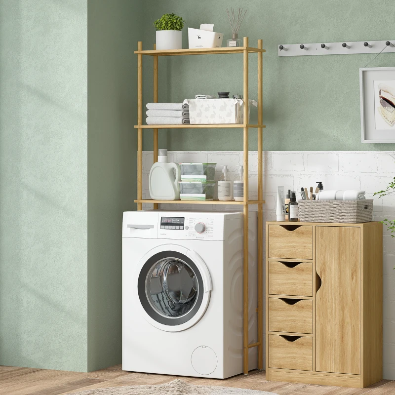 HOMCOM Ruimtebesparend Toiletregal 3 Niveaus, Natuurlijk Hout 69 x 25,5 x 181 cm