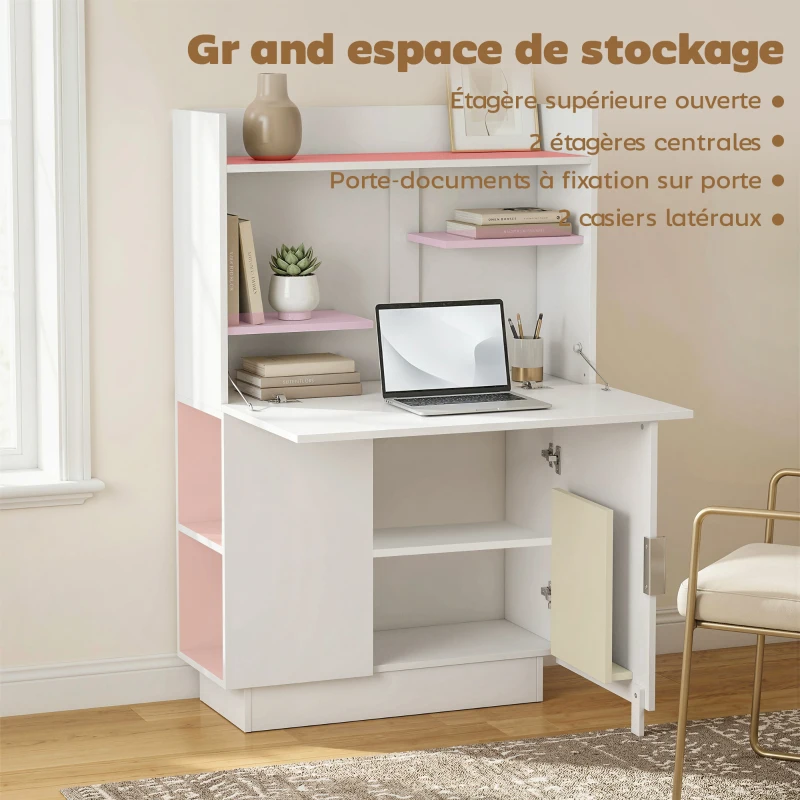 HOMCOM Bureau d'ordinateur pliant, bureau informatique avec plateau rabattable, étagères et placard, 80x30x128cm, blanc