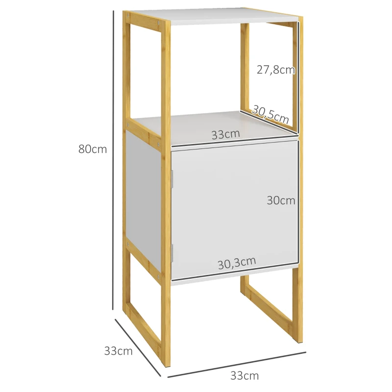 HOMCOM Meuble de rangement pour salle de bain avec cadre en bambou, étagère ouverte et porte à ouverture par pression, blanc