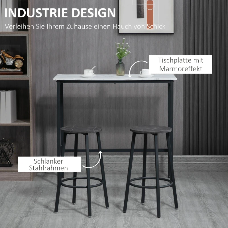 HOMCOM Barset voor 2 personen, 1 tafel met 2 barkrukken, wit marmeren blad, stalen frame(m-5)