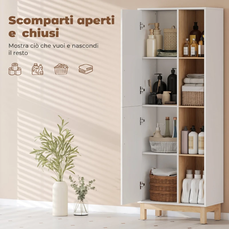 HOMCOM Mobile Bagno Alto, Mobiletto Bagno Salvaspazio con 2 Ante e 4 Ripiani Aperti, Ripiani Regolabili, per Lavanderia, 62.5x35x176 cm, Bianco