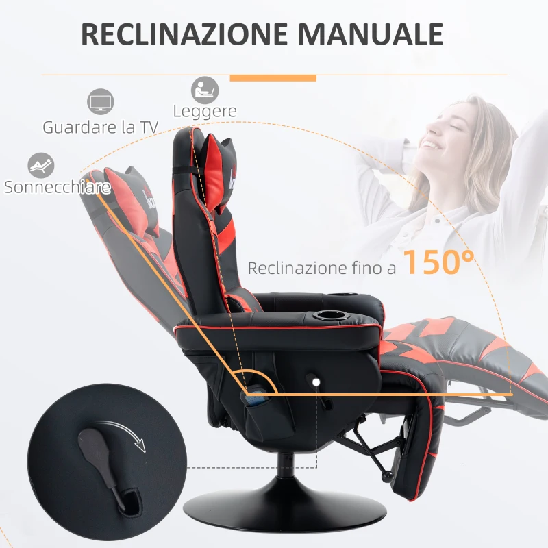 HOMCOM Sedia da Gaming Massaggiante con Poggiapiedi e Cuscino, in Finta Pelle, 78x80x111.5 cm, Nero e Rosso