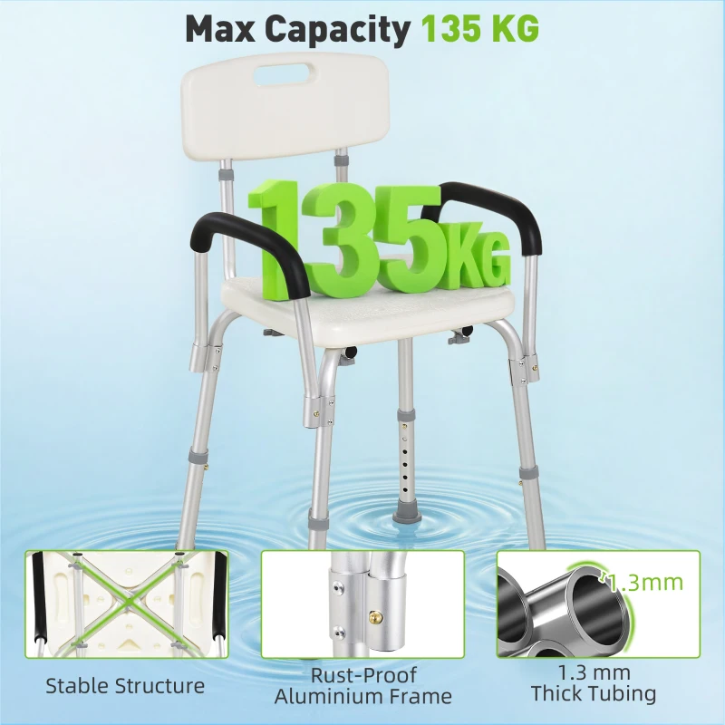 HOMCOM Shower Chair with Arms and Back, Height Adjustable Bath Bench, Non-Slip Shower Stool for Inside Tub, Aluminum Bathroom Bench for Elderly, Senior, Disabled, Handicap, White