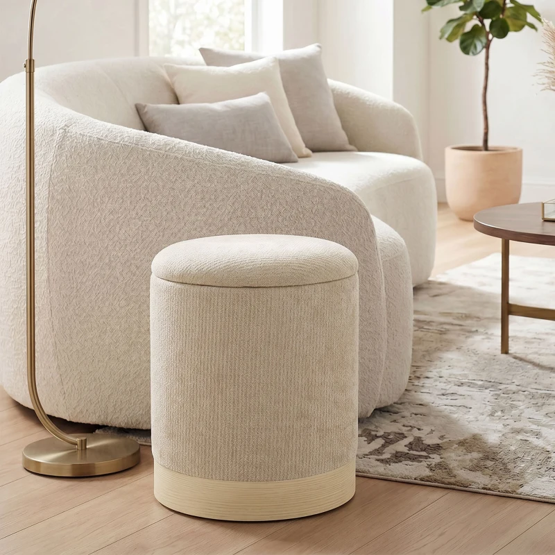 HOMCOM Pouf coffre rangement, tabouret rond en chenille, pouf repose-pieds avec base en métal effet bois, beige