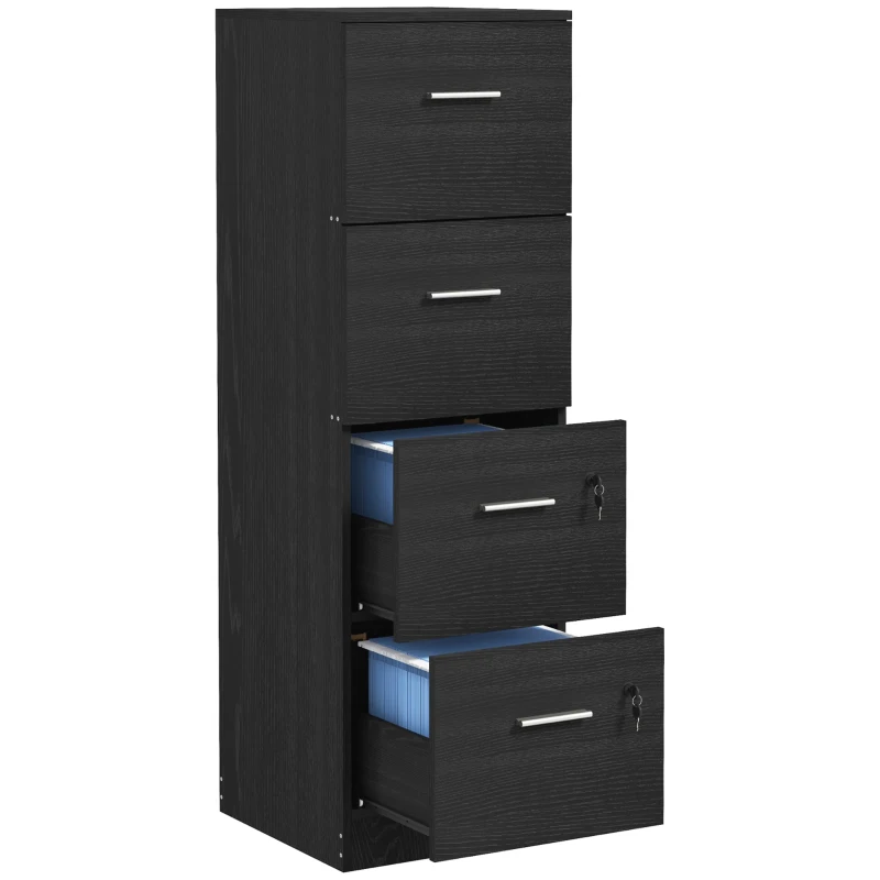 HOMCOM Caisson de bureau 4 tiroirs serrures barres réglables pour dossiers format A4 et lettre 40x42x130,8 cm Noir