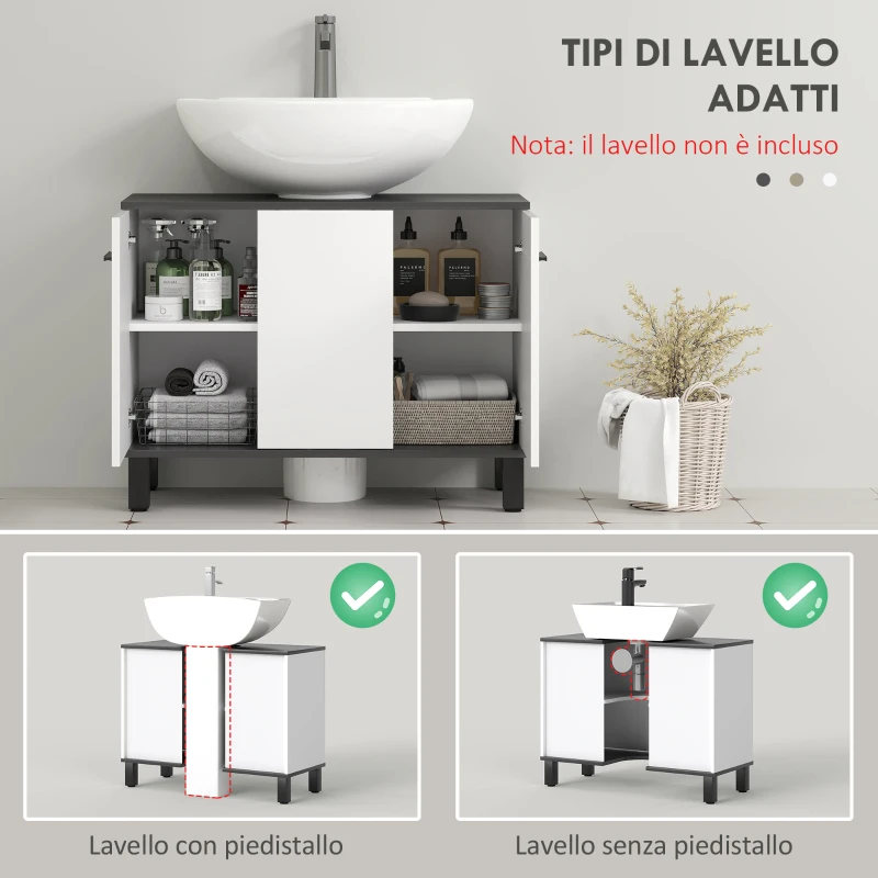 HOMCOM Mobile Sottolavabo Bagno con Armadietto 2 Ante e Ripiano Regolabile, 80x34x60 cm, Bianco Lucido
