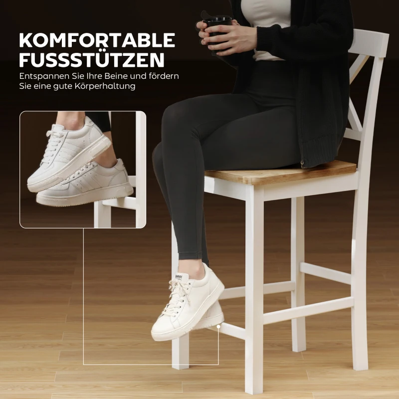 HOMCOM 2-delige Set Barstoelen met Rugleuning en Voetsteun, Rubberwood, voor Keuken, Eetkamer, Bar, Eiken + Wit(m-4)