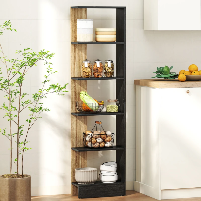 HOMCOM Estantería de 5 Niveles Librería Estrecha para Espacios Pequeños 45x21x170 cm Negro y Roble