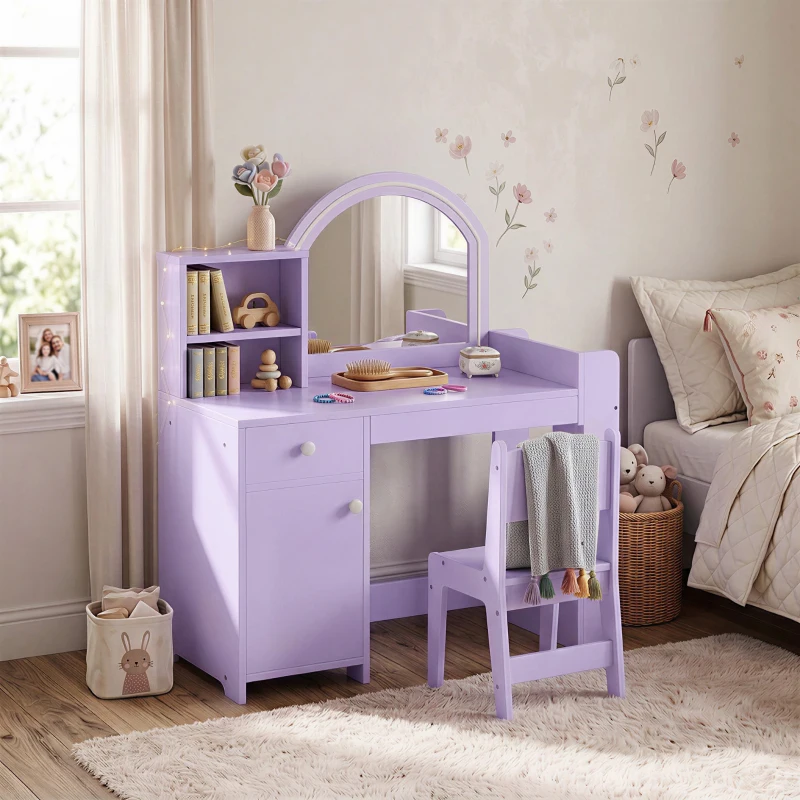 AIYAPLAY Kids Vanity Table and Chair Set, Kids Vanity Table with 2-Colour LED Mirror, Stool, Cabinet, Drawer, Shelves, Purple