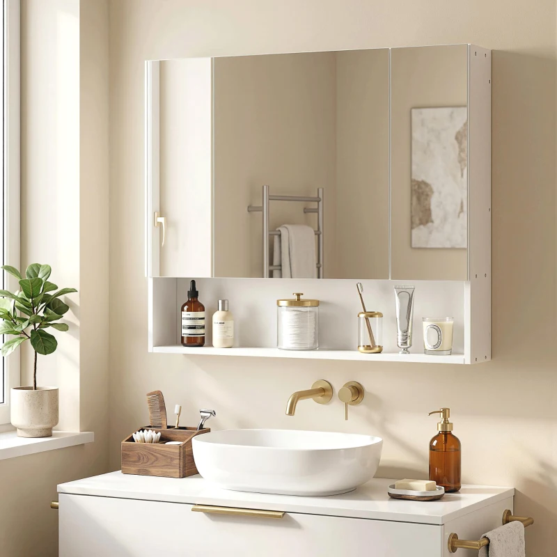 kleankin Armoire murale salle de bain avec miroir, armoire de toilette 3 portes miroir, étagères réglables, 90x15x75cm, blanc