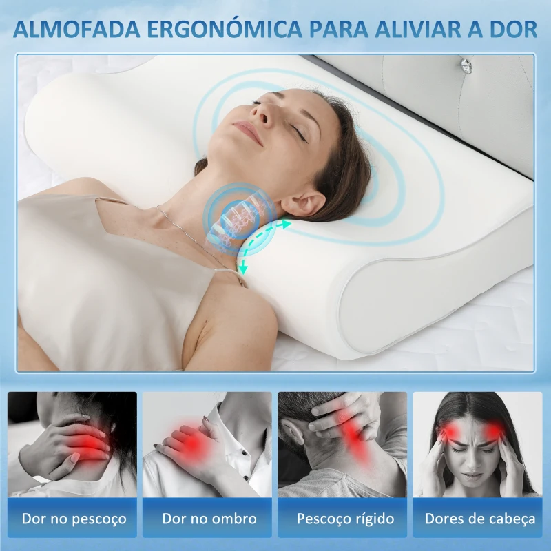HOMCOM Almofada de Espuma Viscoelástica com Desenho Ergonómico Dupla Altura Capa Removível e Lavável 68,58x35,56x8,9/10,8 cm Creme