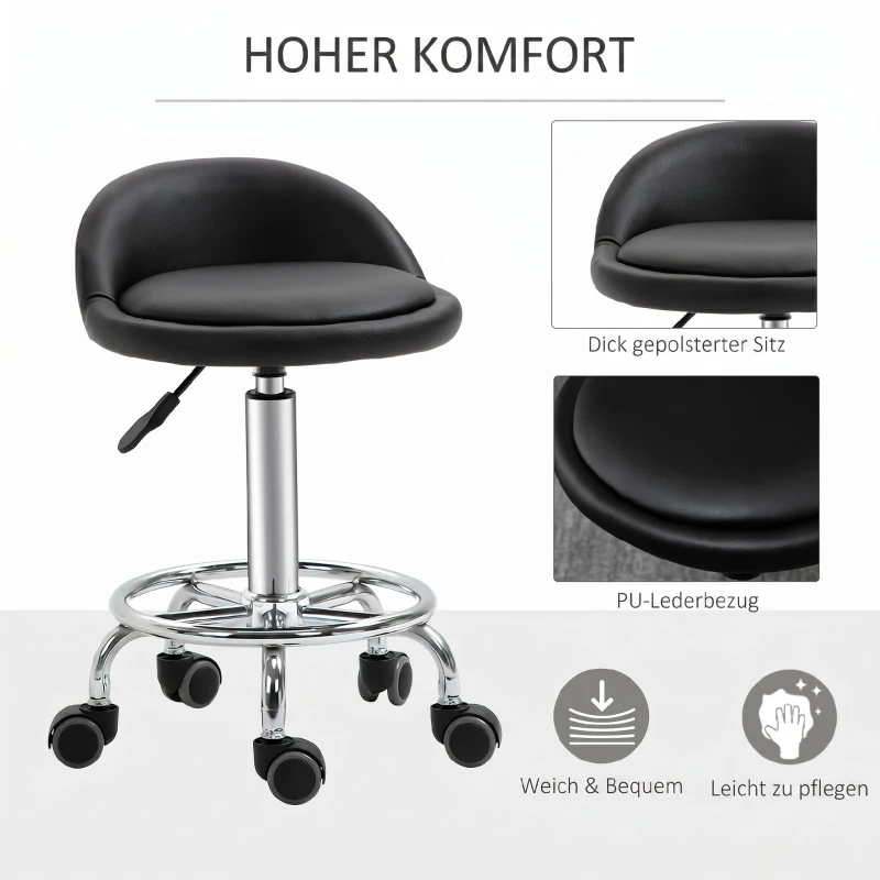 HOMCOM Verrijdbare kruk met rugleuning 57-72 cm hoogte verstelbaar draaikruk voor kantoor salon massage