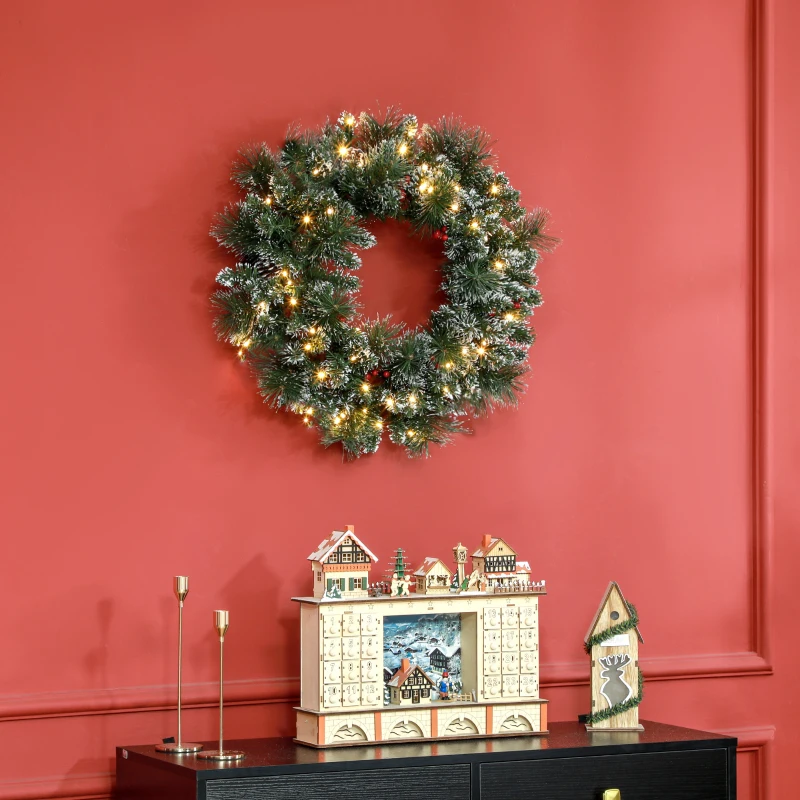 HOMCOM Couronne de Noël porte artificielle 60 CM avec pommes de pin et grappes de baies, lumières LED et minuterie vert