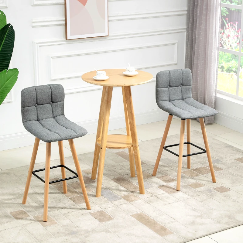 HOMCOM Lot de 2 tabourets de bar, chaises de bar capitonnées avec dossier et repose-pieds, pieds en bois, 41,5x47x97,5cm, gris