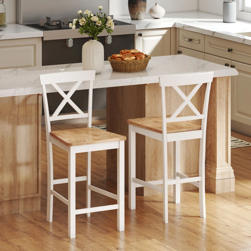 HOMCOM 2-delige Set Barstoelen met Rugleuning en Voetsteun, Rubberwood, voor Keuken, Eetkamer, Bar, Eiken + Wit(m-8)