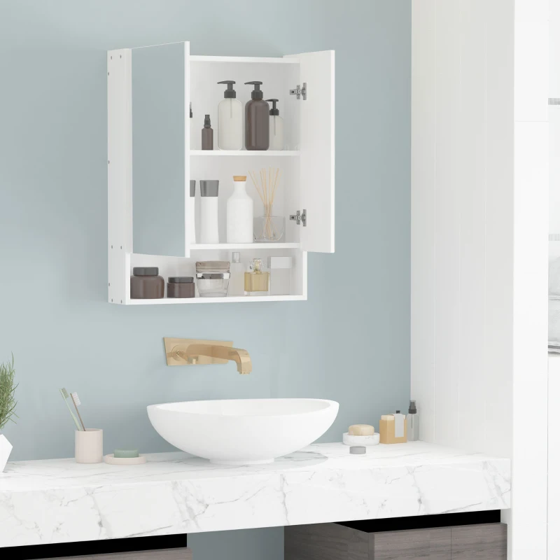 kleankin Bathroom Cabinet with Mirror, Wall Mounted Bathroom Mirror Cabinet with Adjustable Shelf, 2 Doors Storage Cupboard, White