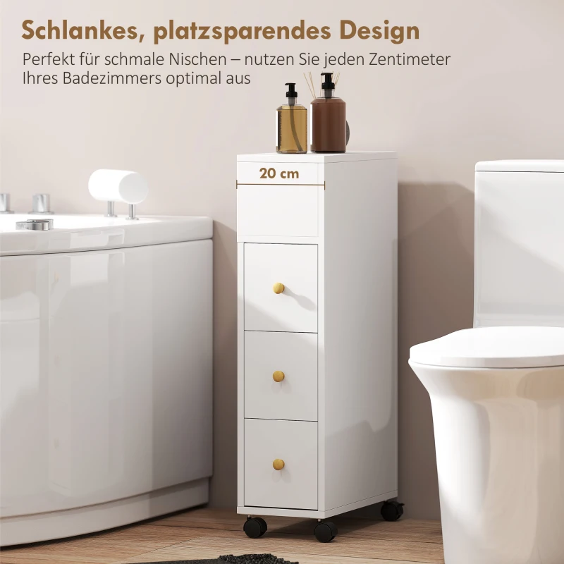 HOMCOM Smalle badkamerkast, badkast met 4 wielen, 3 lades, 5 open vakken, 20x40x80cm, Wit