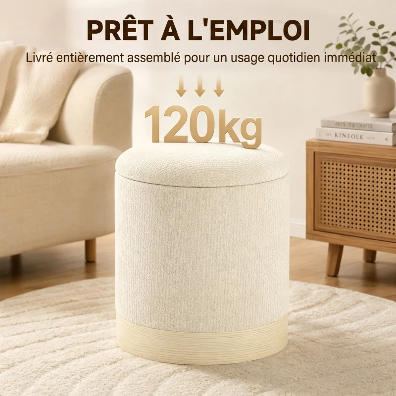 HOMCOM Pouf coffre rangement, tabouret rond en chenille, pouf repose-pieds avec base en métal effet bois, beige