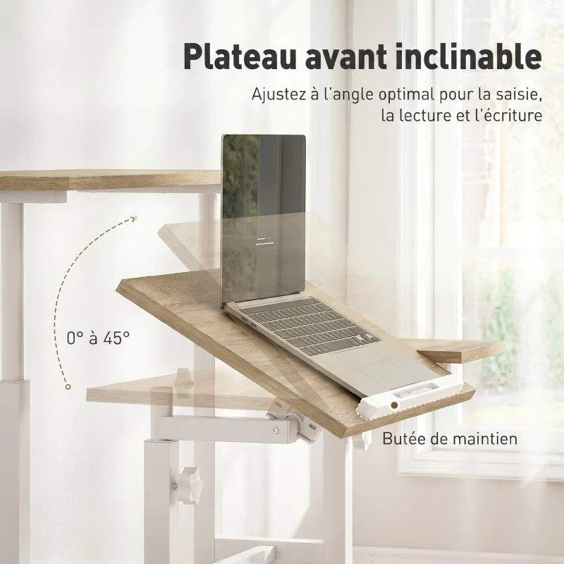 HOMCOM Bureau assis debout bureau réglable en hauteur 70 x 60 cm à roulettes avec plateau inclinable cadre en métal marron
