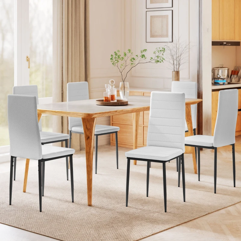 HOMCOM Conjunto de 6 Cadeiras de Sala de Jantar Estofadas em Linho com Pernas em Metal Cadeiras Modernas para Cozinha Quarto Suporta até 120 kg 41x50x97 cm Branco