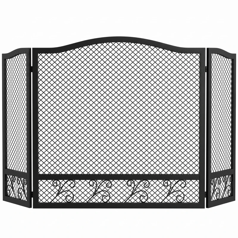 HOMCOM Pare Feu Cheminée Pliable 3 Panneaux, Pare-Étincelles Cheminée, Motif Floral, Métal, 107 x 60 cm, Noir