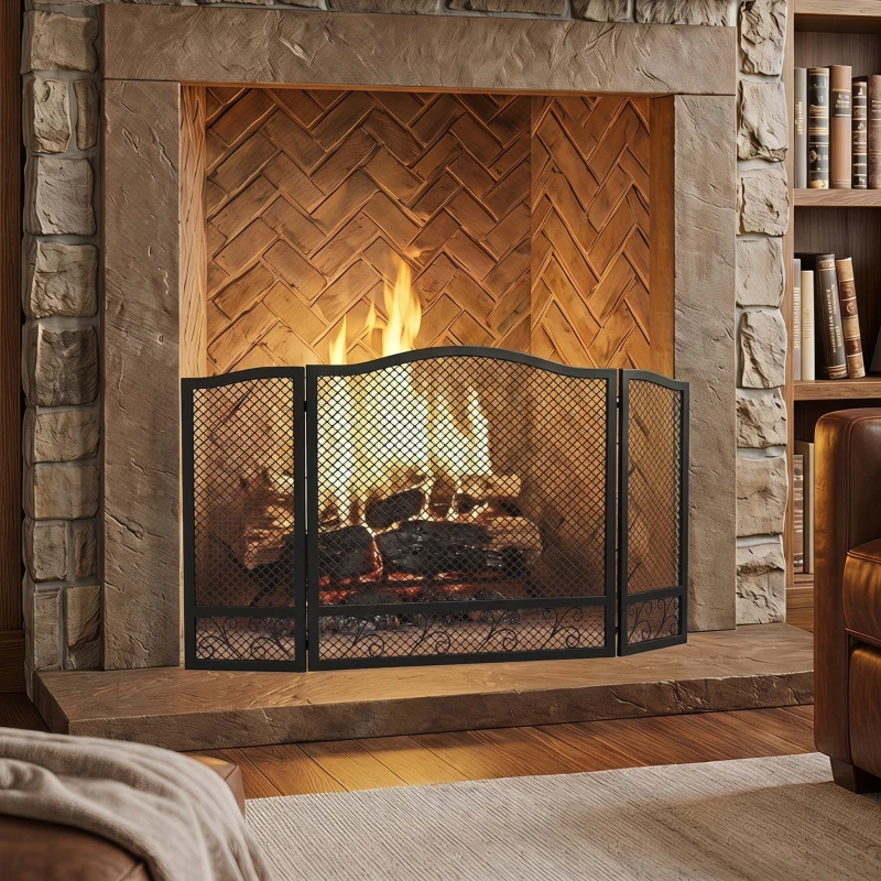 HOMCOM Pare Feu Cheminée Pliable 3 Panneaux, Pare-Étincelles Cheminée, Motif Floral, Métal, 107 x 60 cm, Noir