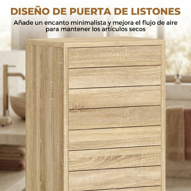 HOMCOM Mueble Auxiliar de Baño con Puerta de Listones 3 Estantes y Estante Ajustable Apertura por Presión 34x23x84 cm Natural