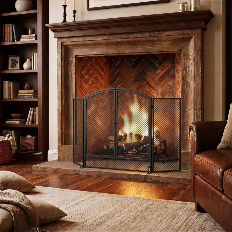 HOMCOM Pare-feu de Cheminée Pliable 3 Panneaux, 2 Portes, Style Moderne, Pare-Étincelles Cheminée en Métal, 122x10x75cm, Noir