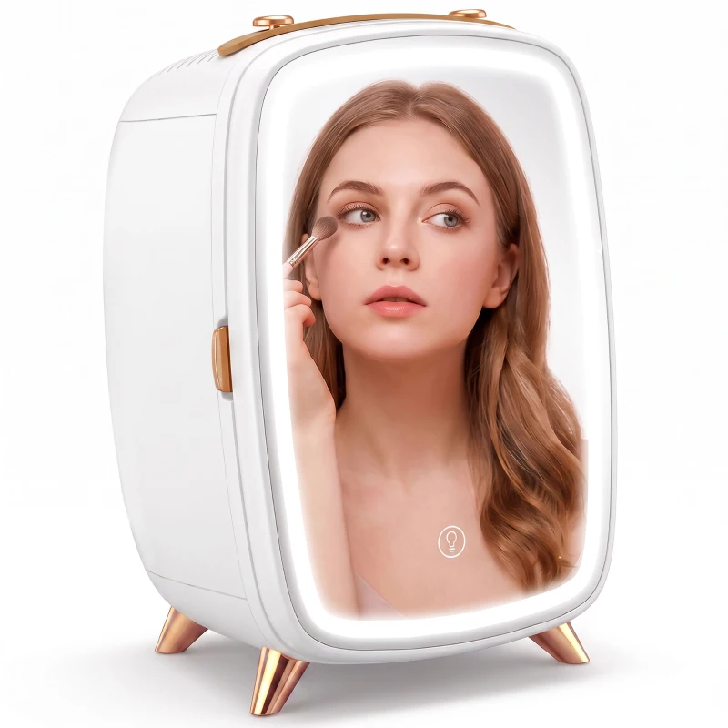 HOMCOM Skincare Refrigerator, 6L Mini Cosmetic Fridge with LED Mirror, Cooling Function for Bedroom, Skincare, Office, White
