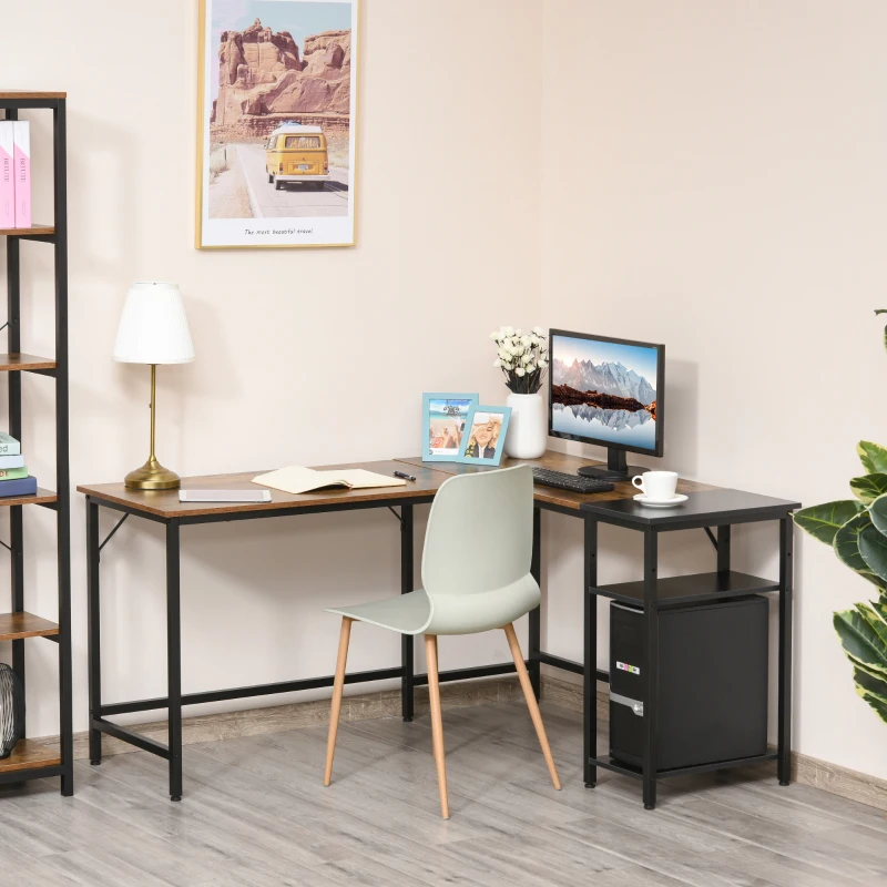 HOMCOM Bureau Informatique Design Industriel Bureau d'angle 2 tablettes Support CPU imprimante Aspect Vieux Bois métal Noir