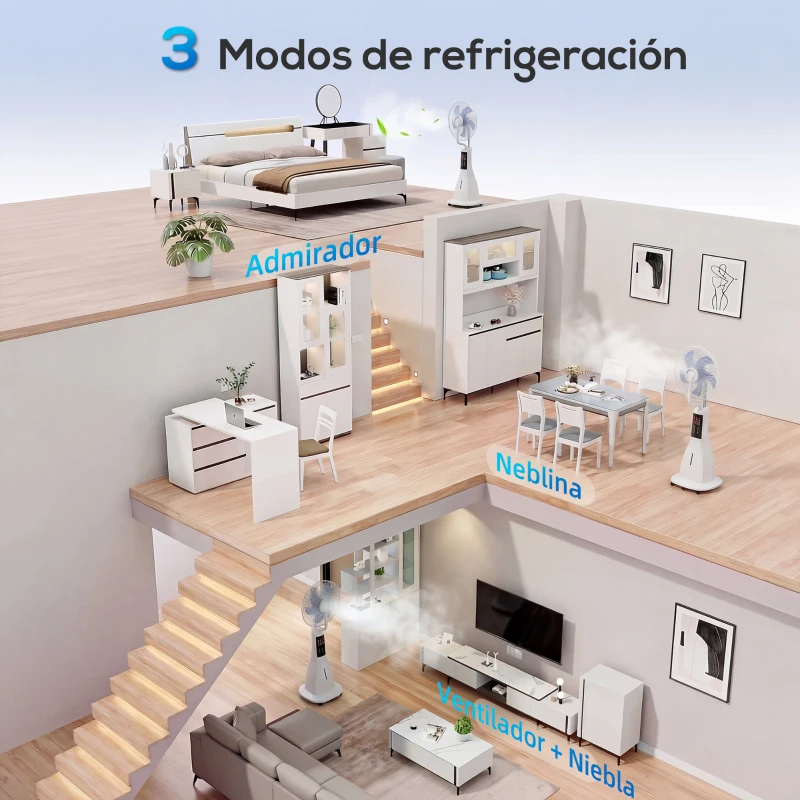HOMCOM Ventilador Nebulizador 90W Oscilación de 75° 3 Velocidades 5 Aspas Depósito de Agua de 3L 5 Ruedas Control Remoto