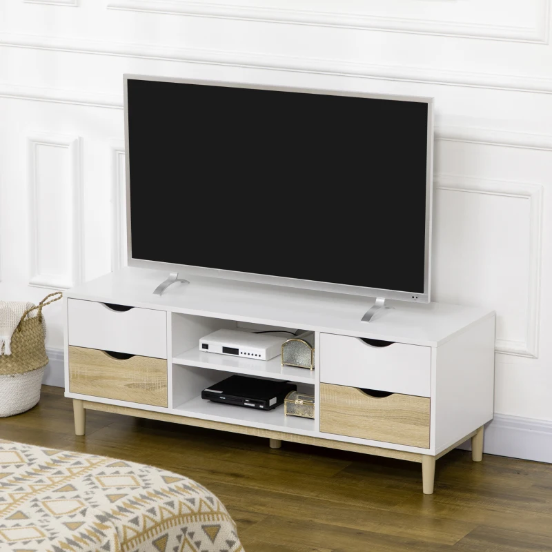 HOMCOM Mueble TV de Salón Mesa para Televisores de hasta 55" con Estantes y 4 Cajones 120x40x44,5 cm Blanco y Roble