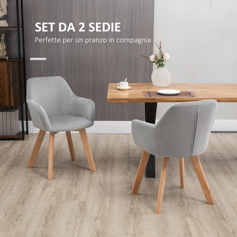 HOMCOM Set 2 Sedie per Sala da Pranzo Imbottite in Velluto con Braccioli e Gambe in Legno, Grigio